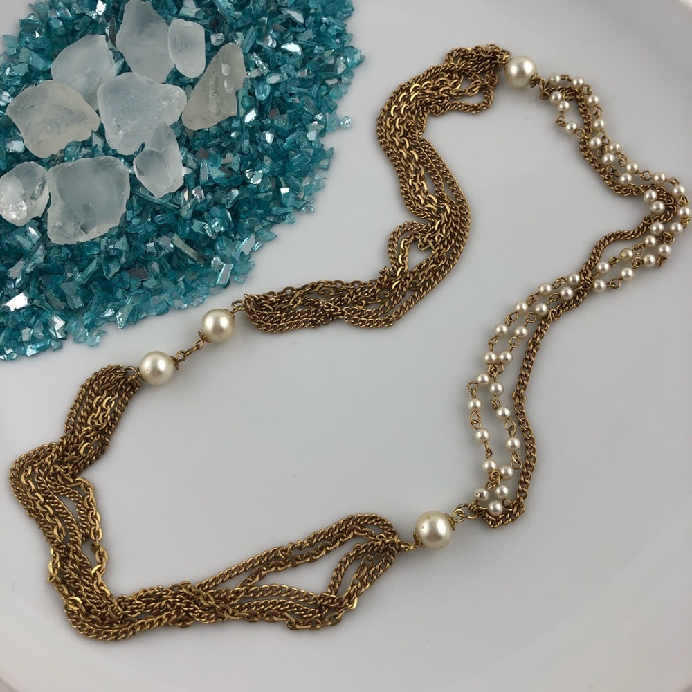 Vintage Gold Tone and Pearl Multi Strand Necklace - Picture 8 of 8